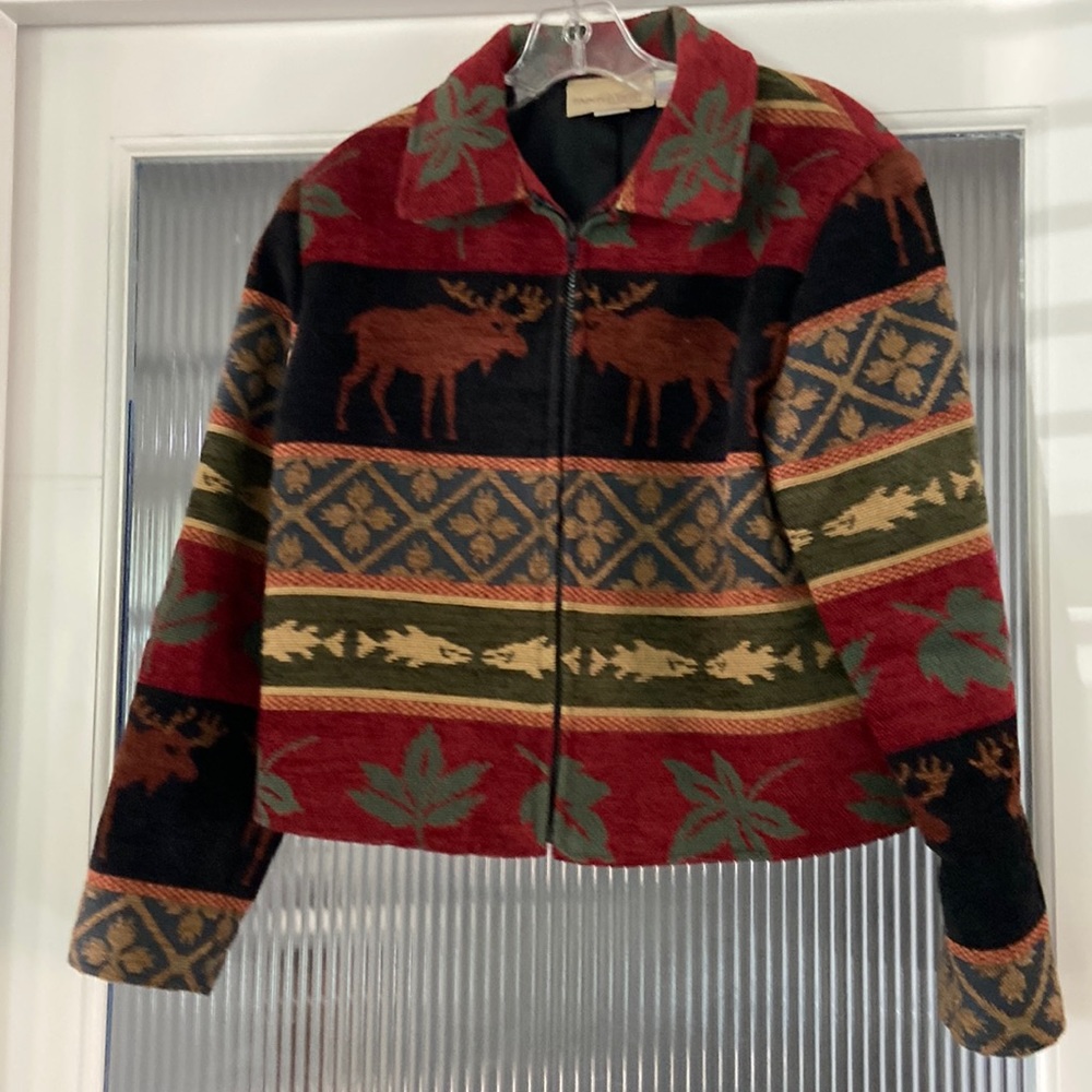 “Painted Pony” autumn colored tapestry zippered jacket. Fully lined